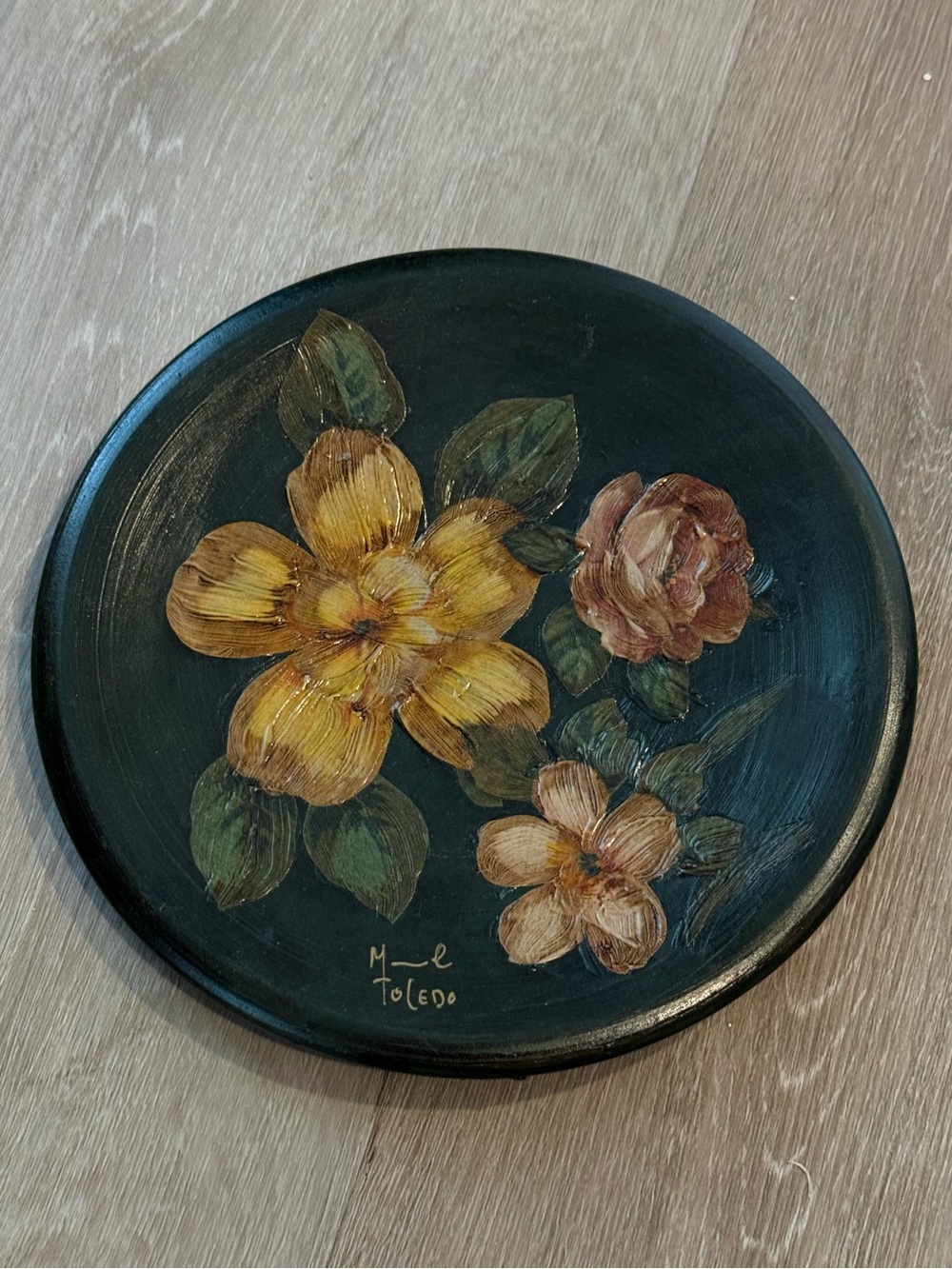 Vintage Hand Painted Floral Display Plate Gallery Wall Dark Green Cottagecore
